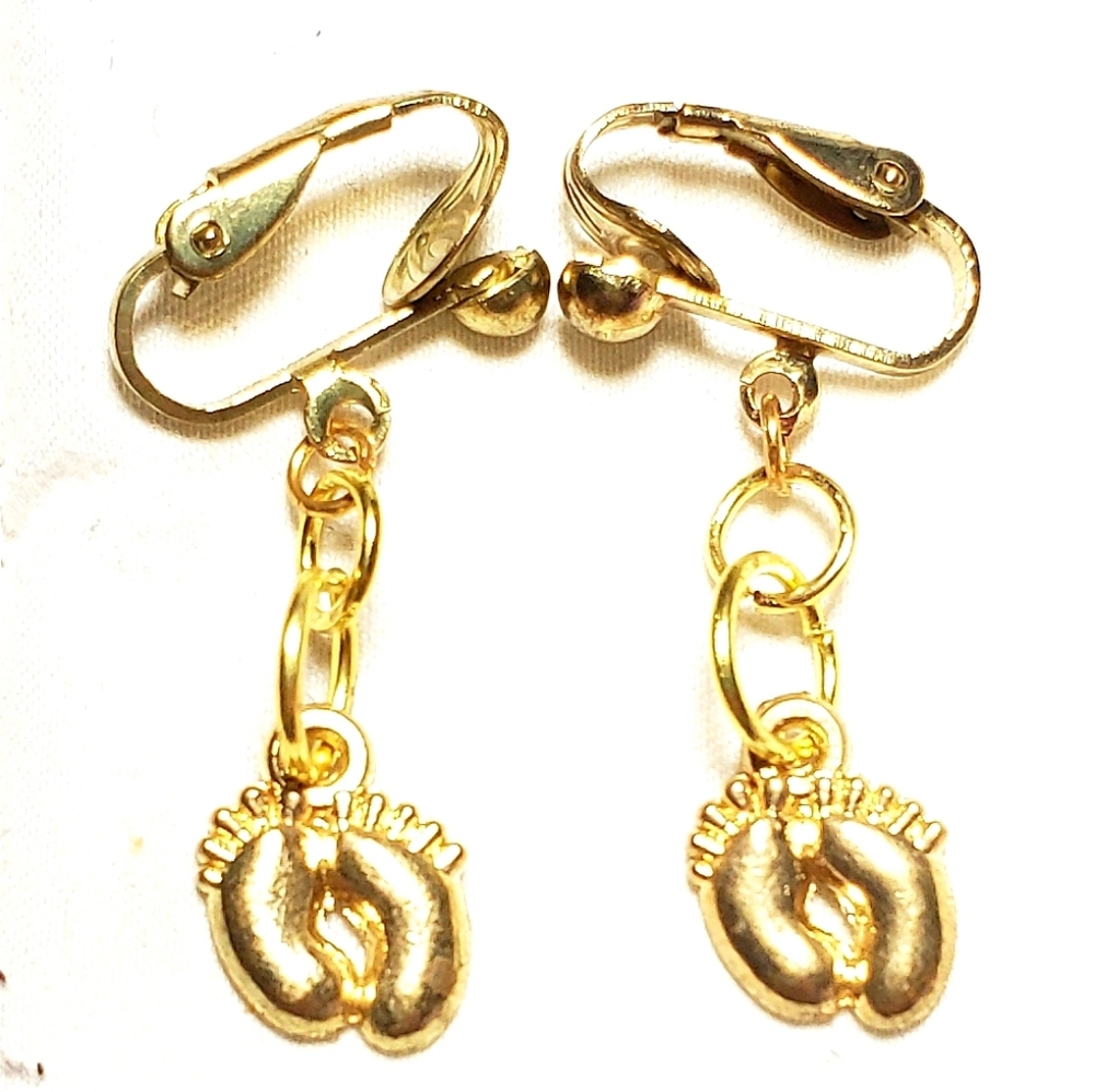 1" Gold Plated BABY FEET Clipon Earrings